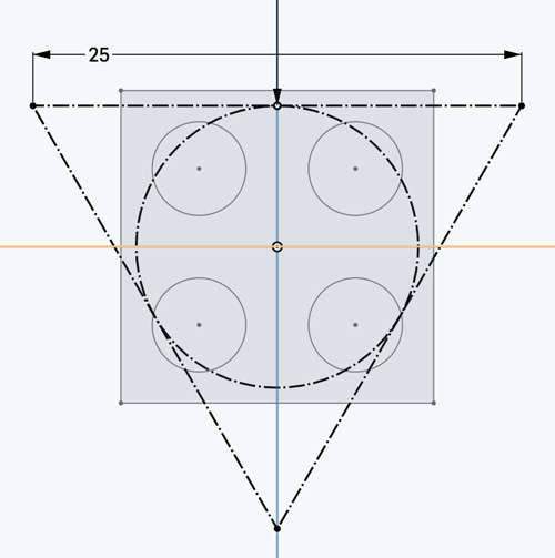 OnShape sketch for a 2x2 lego brick with overlaid triangle