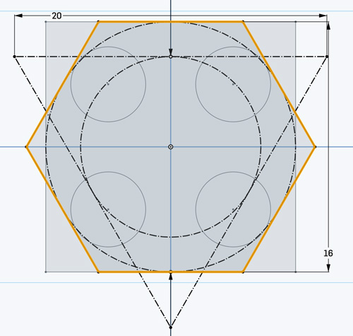 OnShape sketch for a 2x2 lego brick with overlaid triangle and hexagon